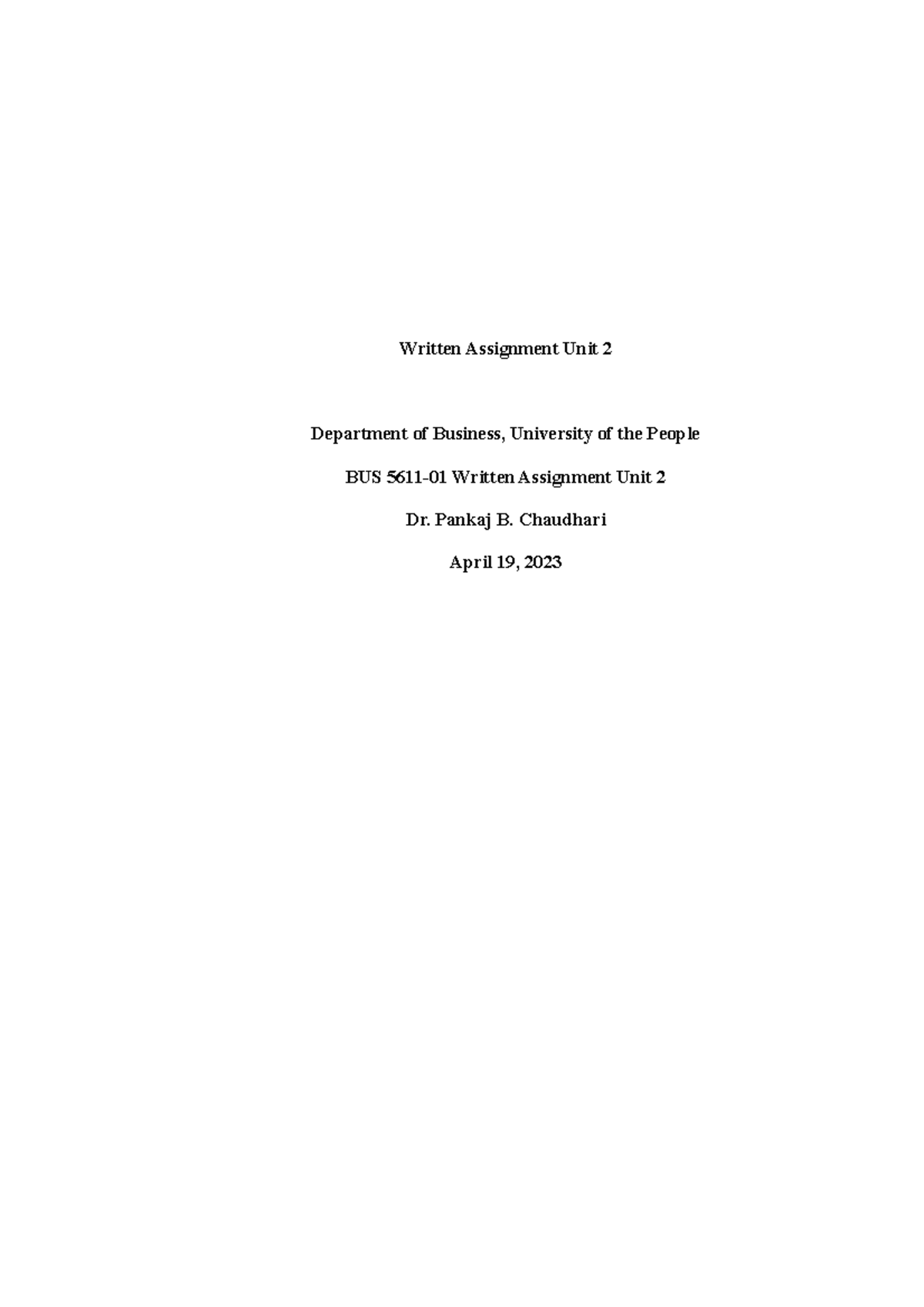 WA2 - Case - Written Assignment Unit 2 Department Of Business ...