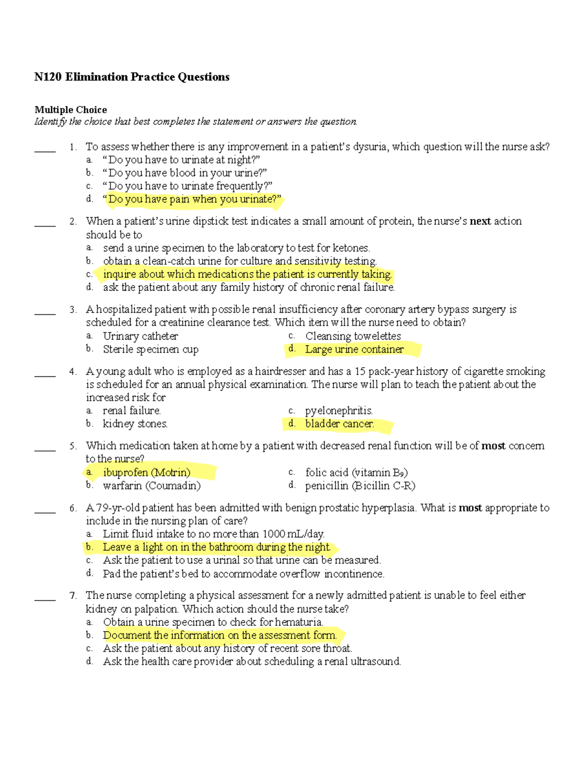 N120 Week 4 Elimination Practice Questions For Students Copy Studocu