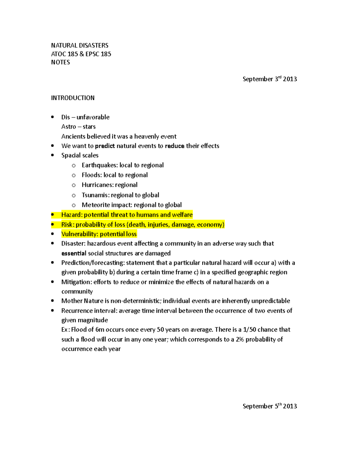 Lecture notes, all lectures - NATURAL DISASTERS ATOC 185 EPSC 185 NOTES ...