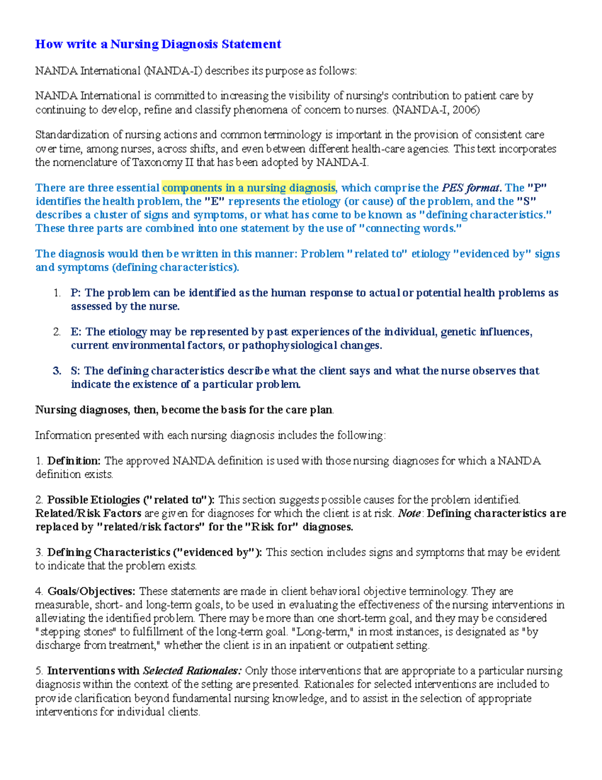 How write a Nursing Diagnosis Statement (NANDAI, 2006