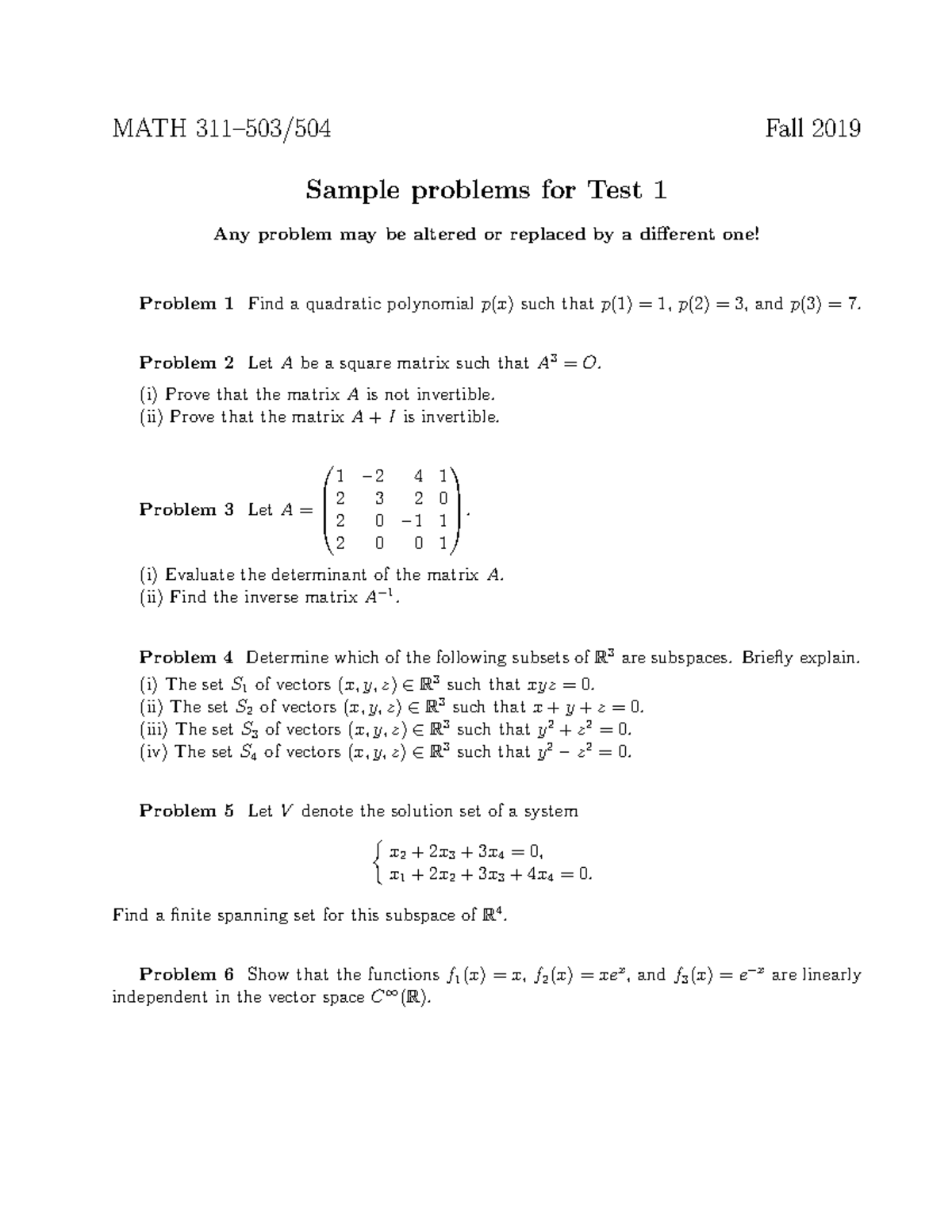 MATH 311 Sample Problems for Exam 1 Fall 2019 - MATH 311–503/504 Fall ...