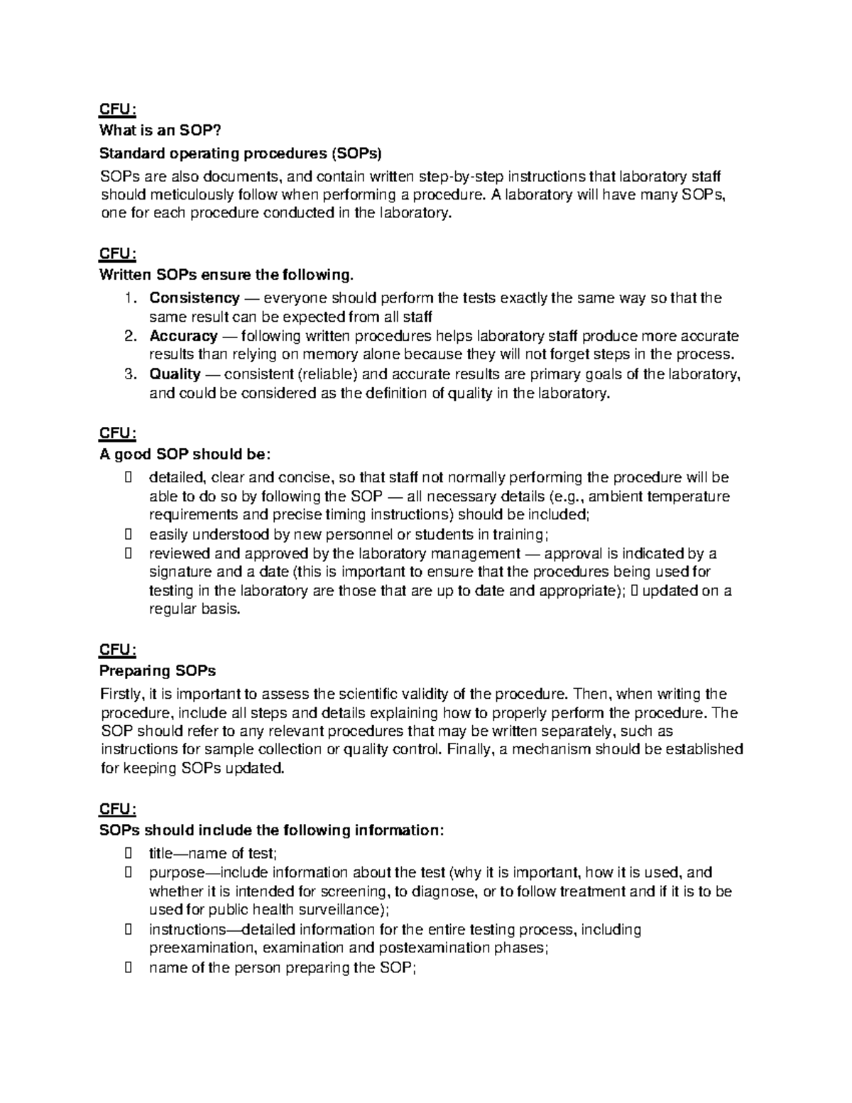 Standard operating procedures Notes - CFU: What is an SOP? Standard ...