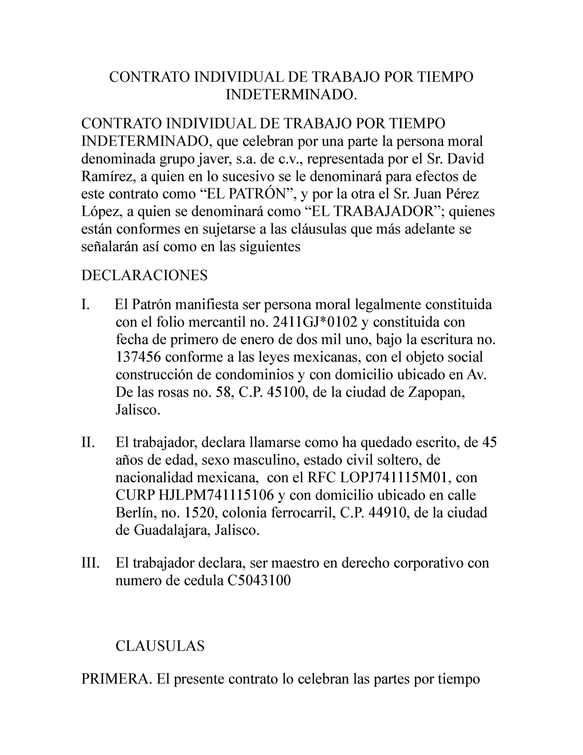 Contrato Individual De Trabajo Por Tiempo Indeterminado Contrato Individual De Trabajo Por