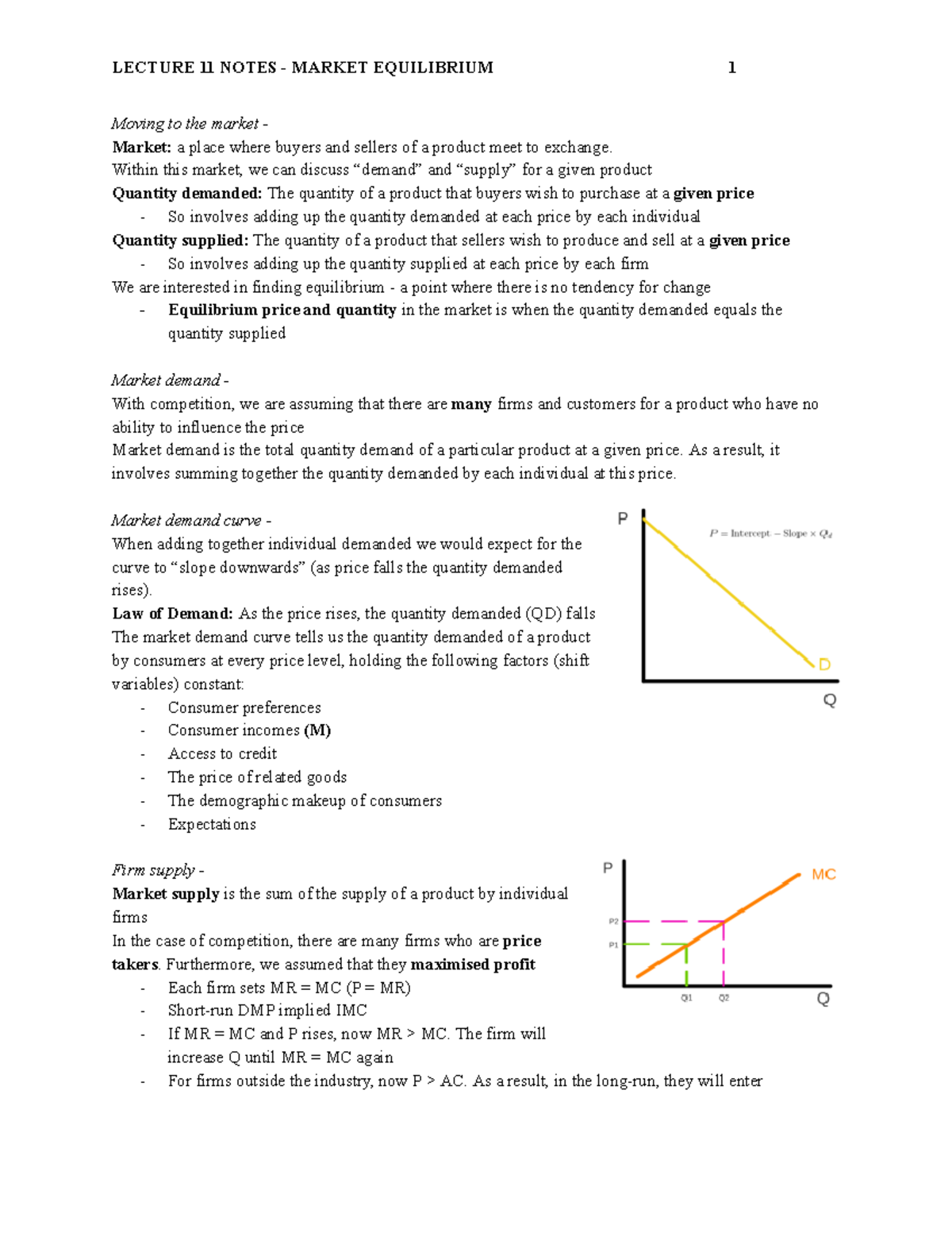 Lecture 11 Market Equilibrium - Moving to the market - Market: a place ...