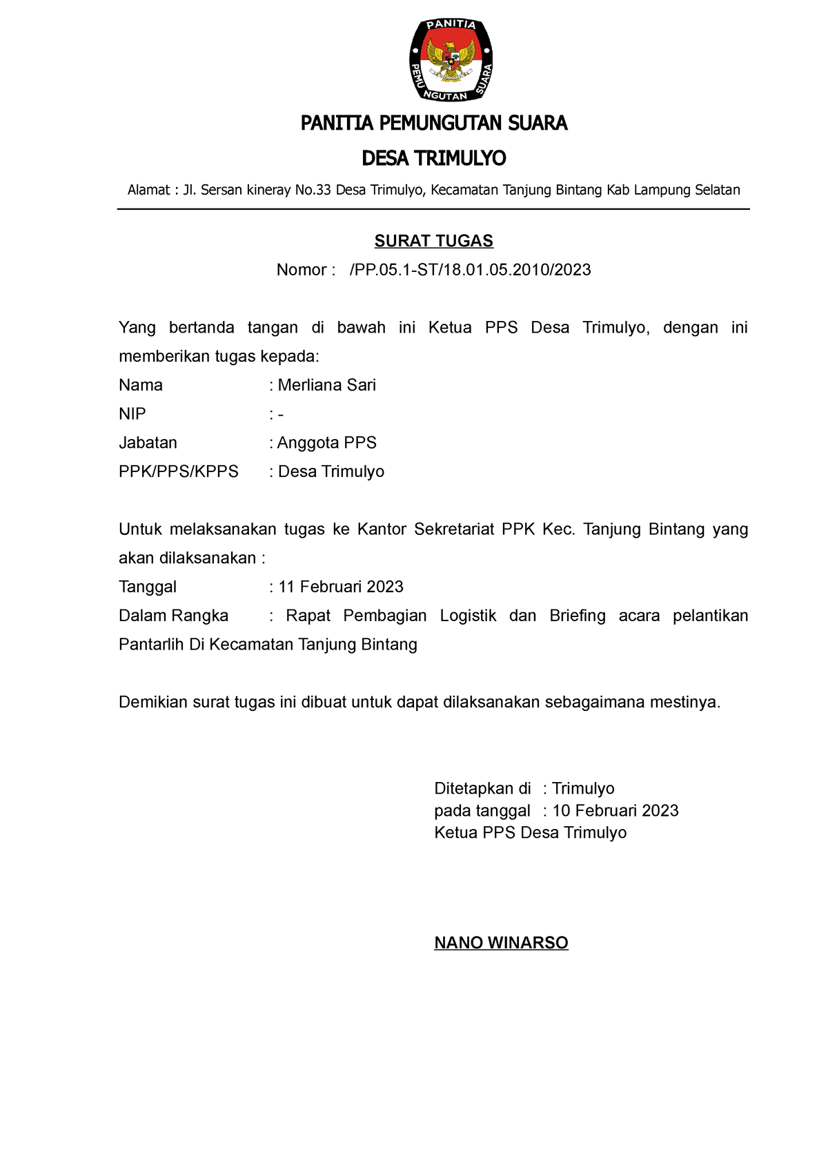 Format DN.05.A Surat Tugas Badan Adhoc - DESA TRIMULYO Alamat : Jl ...