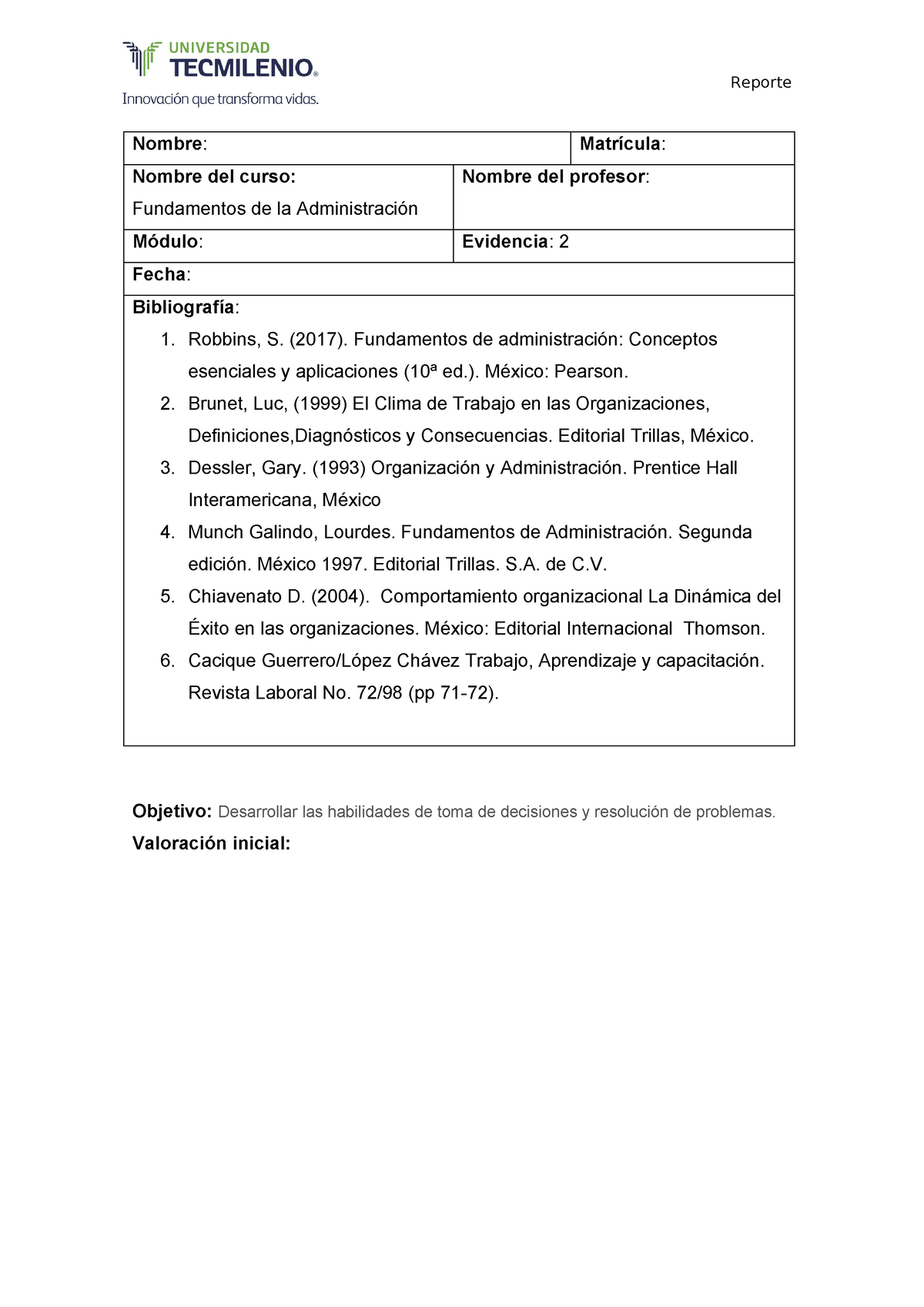 Evidencia 2 Nombre Matrícula Nombre Del Curso Fundamentos De La Administración Nombre Del