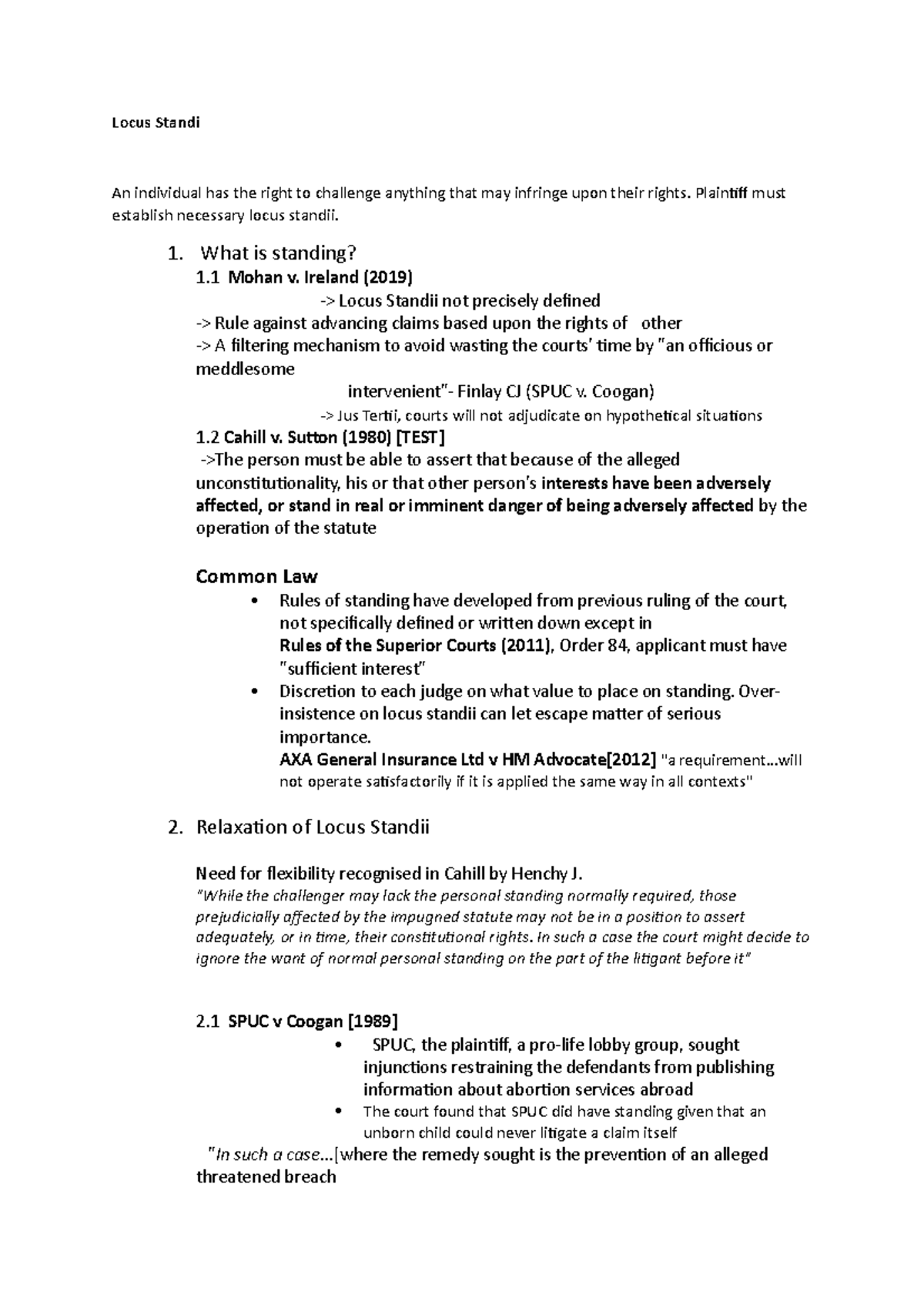 Civil Procedure notes all lectures - Locus Standi An individual has the ...