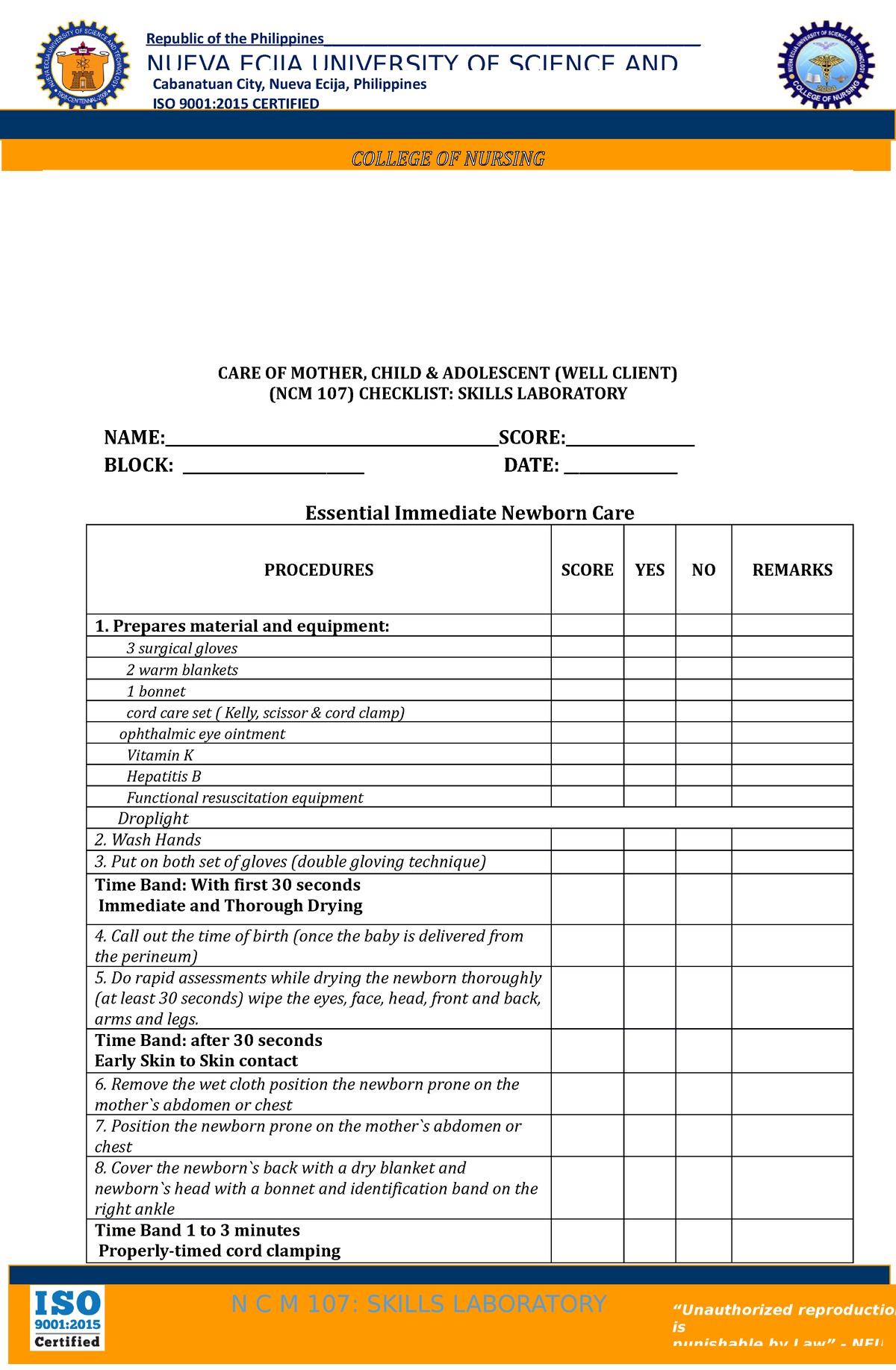 Checklist-pedia-ncm-107-einc - COLLEGE OF NURSING CARE OF MOTHER, CHILD ...