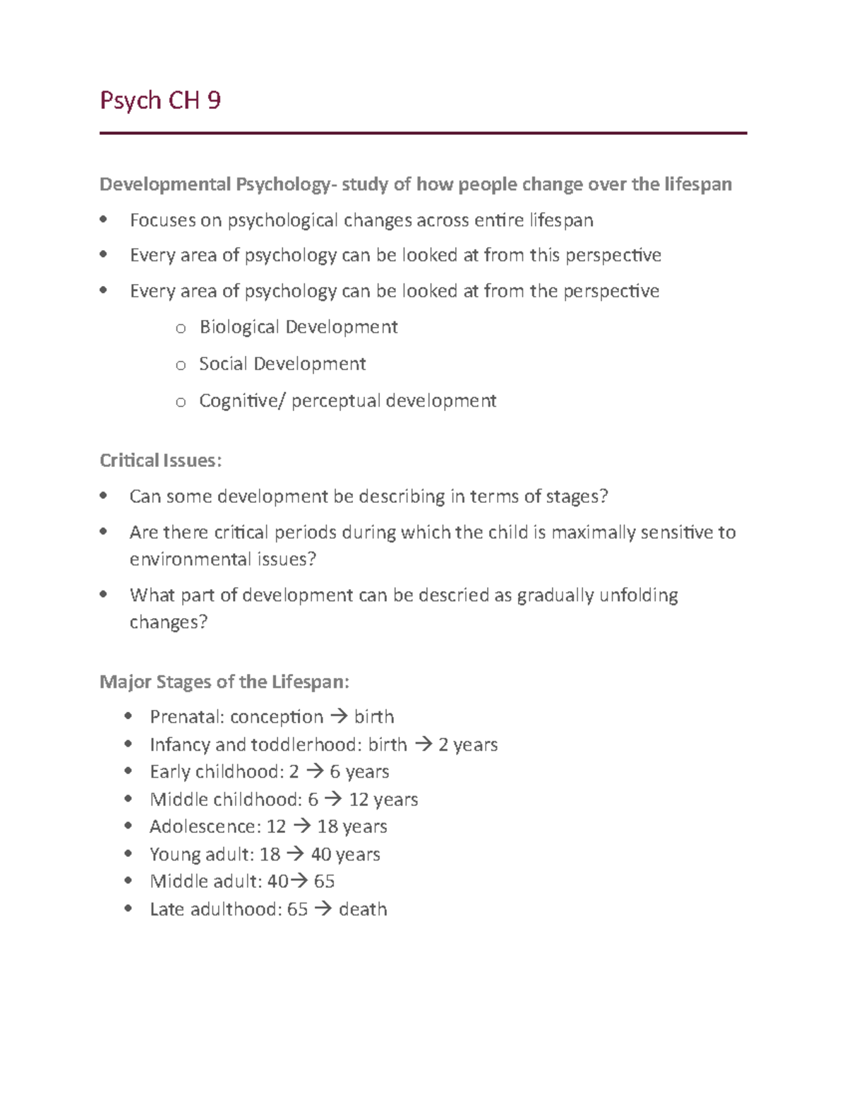 Psych Ch 9 Development - Lecture Notes 9 - Psych CH 9 Developmental ...