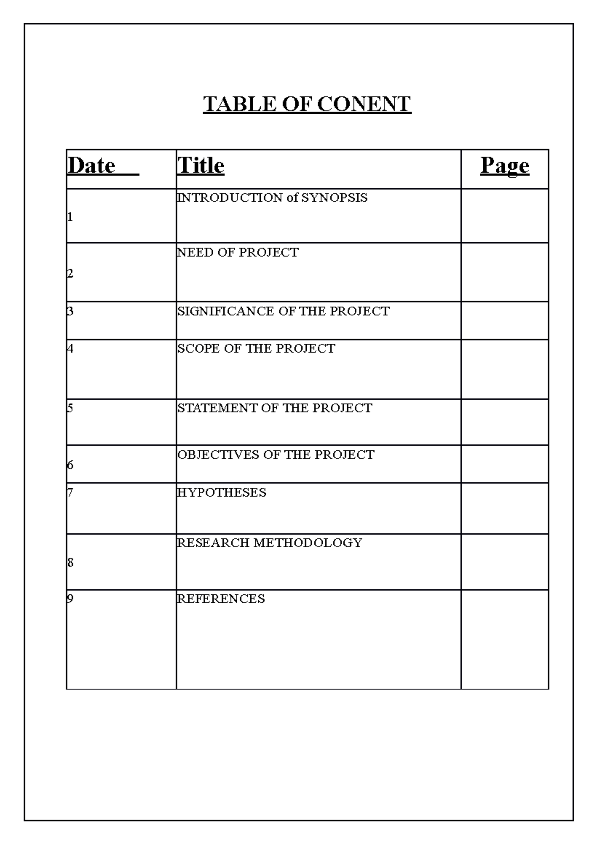 Synopsis - project work - TABLE OF CONENT Date Title Page 1 ...