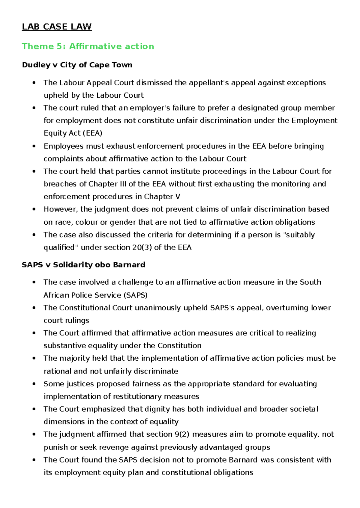 LAB CASE LAW - theme 5-8 - LAB CASE LAW Theme 5: Affirmative action ...
