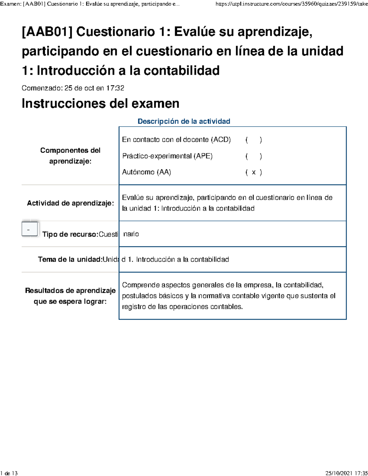 Examen [AAB01] Cuestionario 1 Evalúe Su Aprendizaje, Participando En El ...