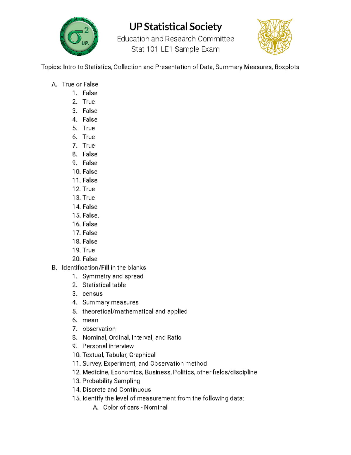 Stat 101 Le1 Samplex Answer Key Education And Research Committee Stat