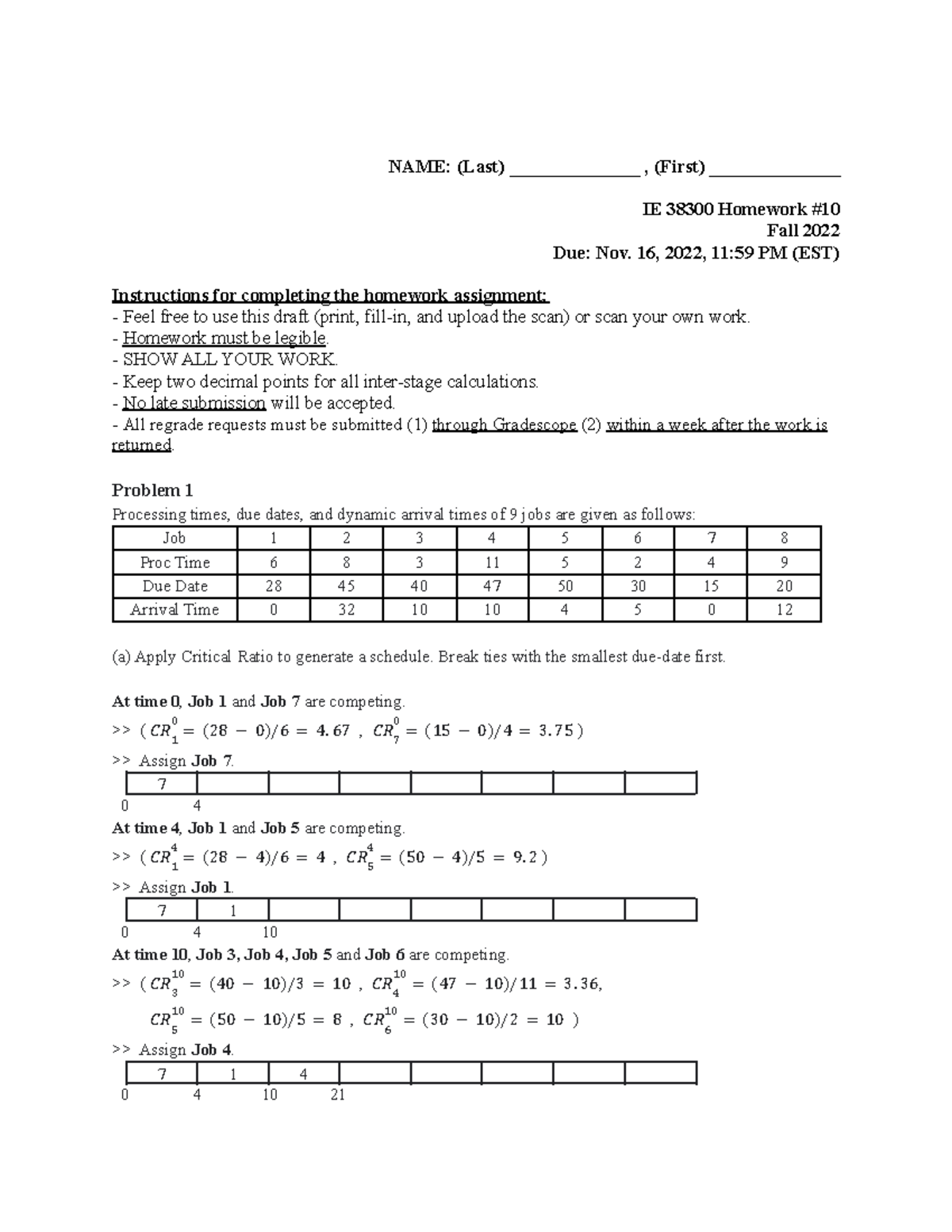 Solution Homework 10 Fall2022 IE38300 - NAME: (Last ...