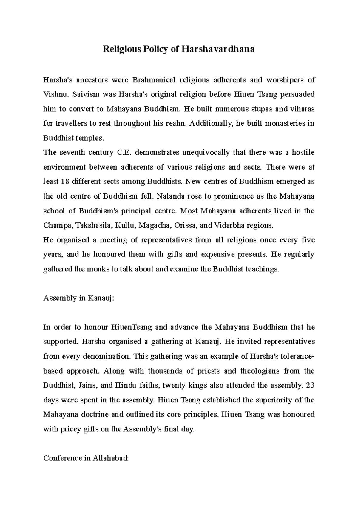 Religious Policy of Harshavardhana - Religious Policy of Harshavardhana ...