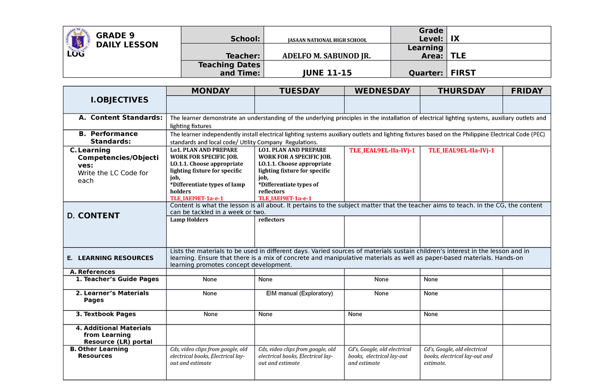 Week 05 - n/a - GRADE 9 DAILY LESSON LOG School: JASAAN NATIONAL HIGH ...