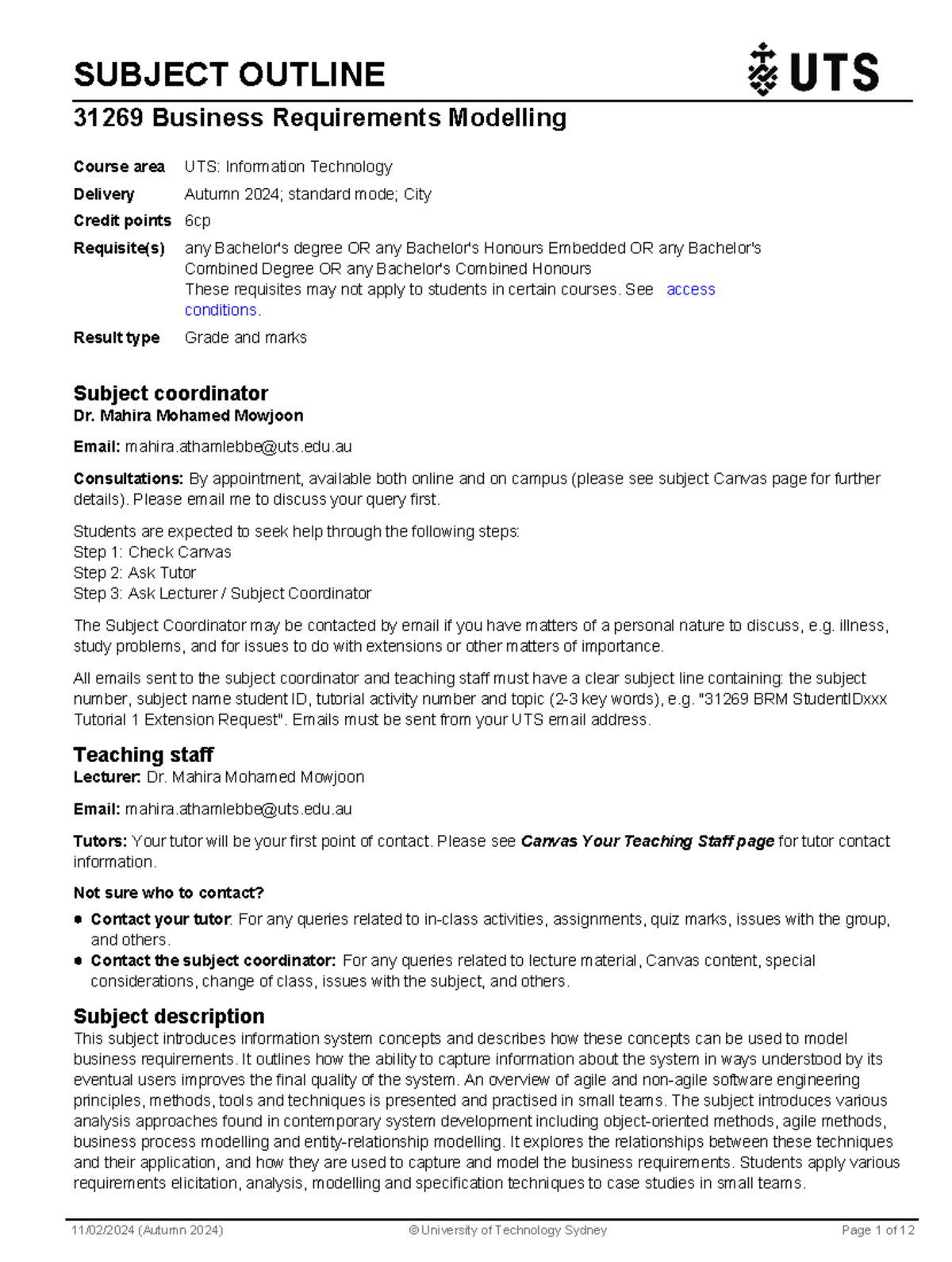 Brm2024 - Outline - SUBJECT OUTLINE 31269 Business Requirements ...