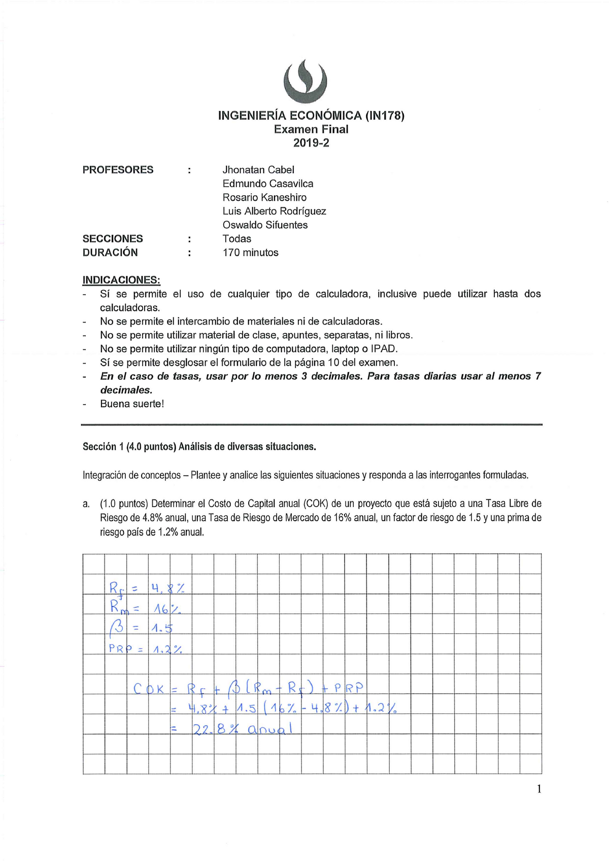 Efinal-ING. Económica - 2019-2 ( Solución) - Ingeniería Económica - UPC ...