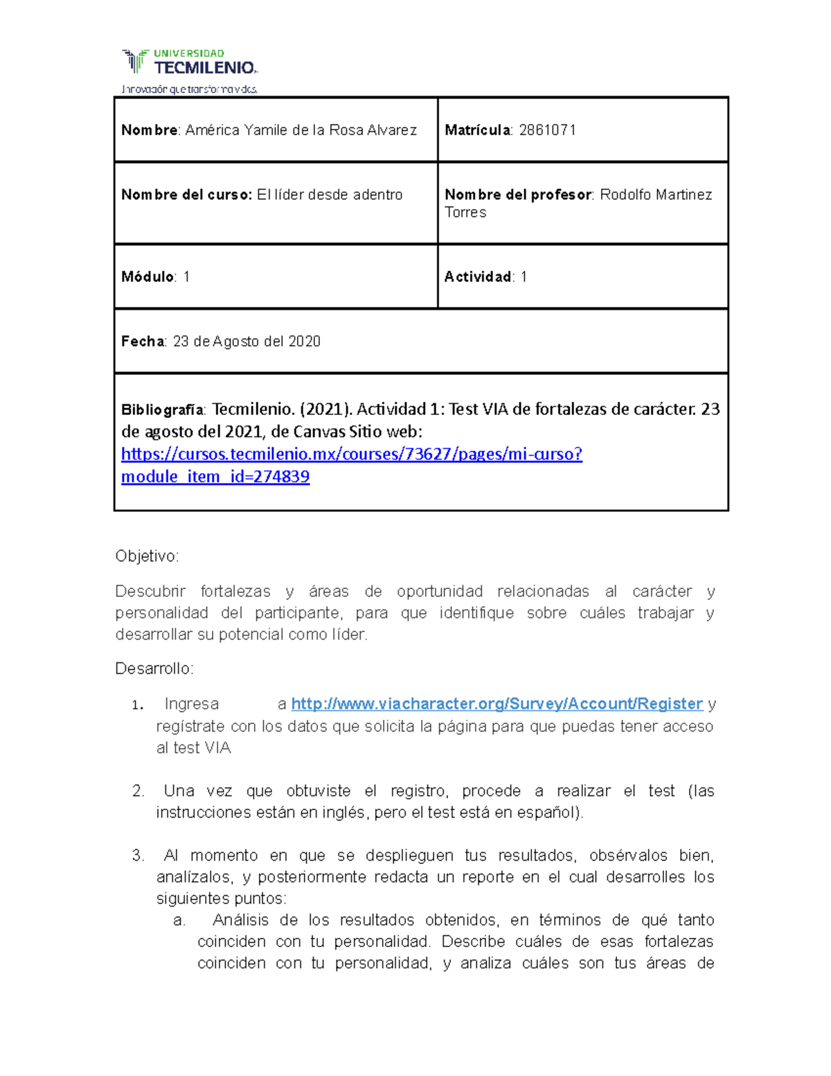 ACTIVIDAD 1 el lider desde adentro, certificación - Nombre : América ...