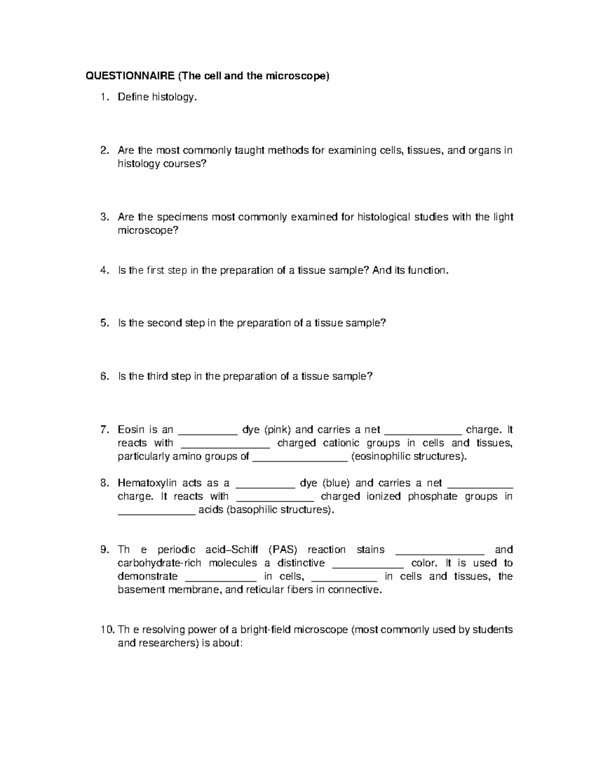 Questionnaire THE CELL - QUESTIONNAIRE (The cell and the microscope ...