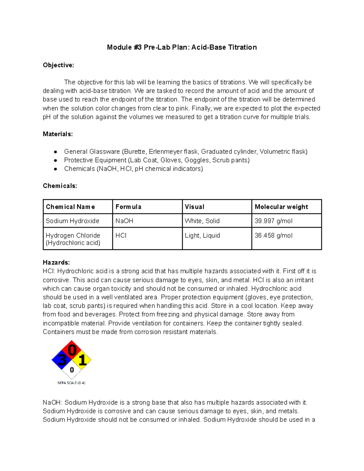 Module 3 Prelab Acid Base Titration Module 3 PreLab Plan Acid