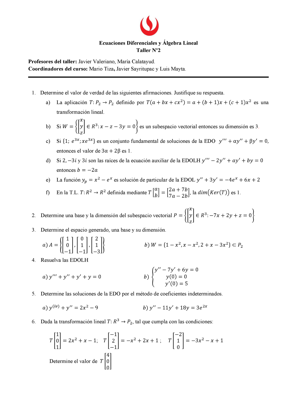 Taller N°2 MA264 2022 01 - Ecuaciones Diferenciales Y Álgebra Lineal ...