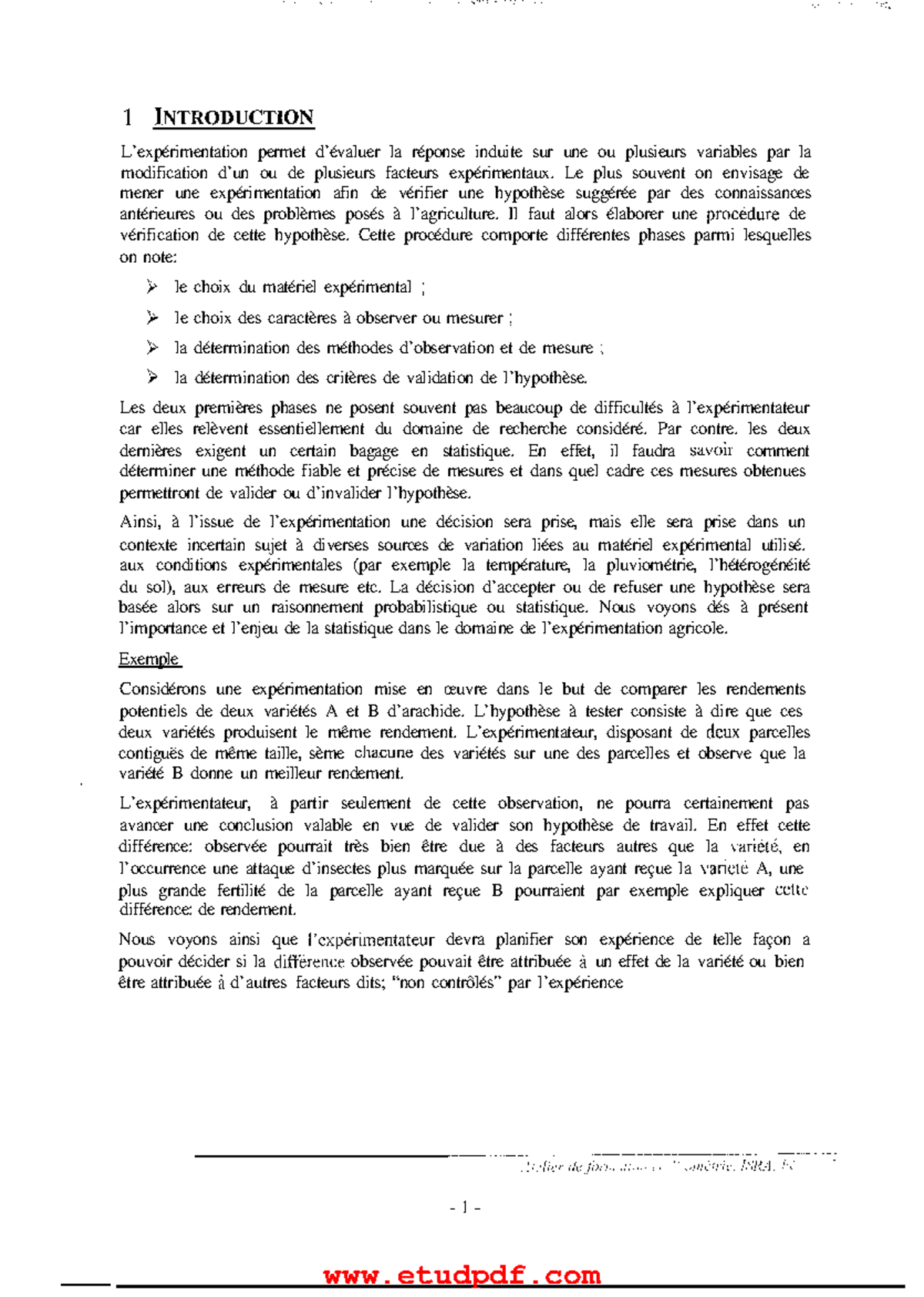 Expérimentation agricole - 1 INTRODUCTION L’expérimentation permet d ...