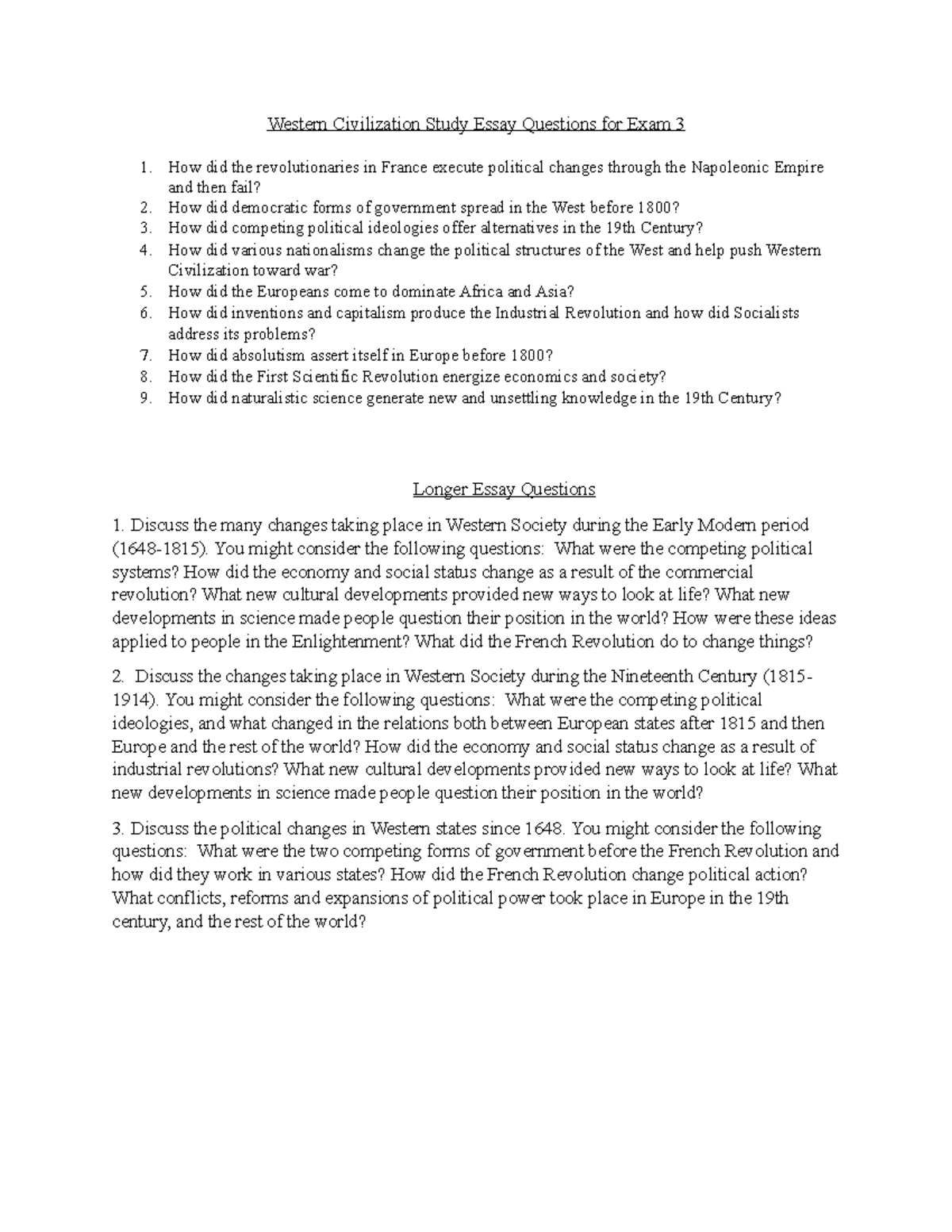 Exam 3 Practice Questions - Western Civilization Study Essay Questions ...