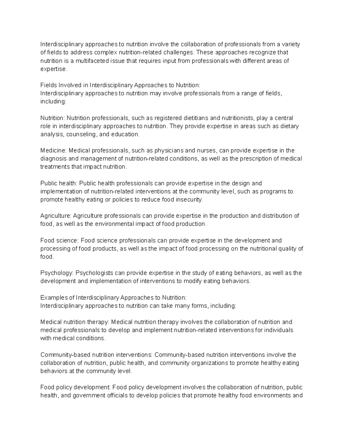 Interdisciplinary Approaches to Nutrition Notes - Interdisciplinary ...