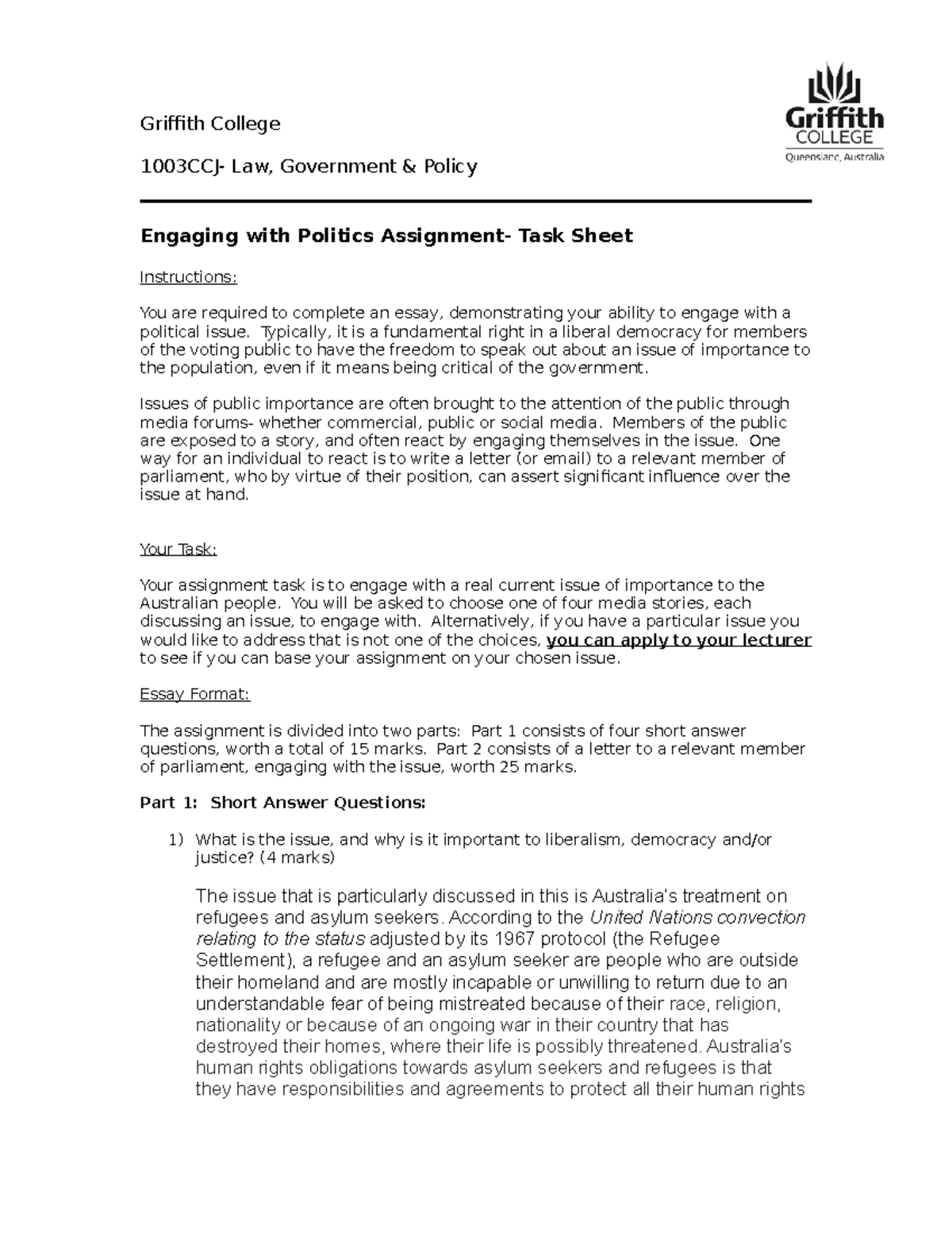 Engaging With Politics Assignment - Letter - Griffith College 1003CCJ ...
