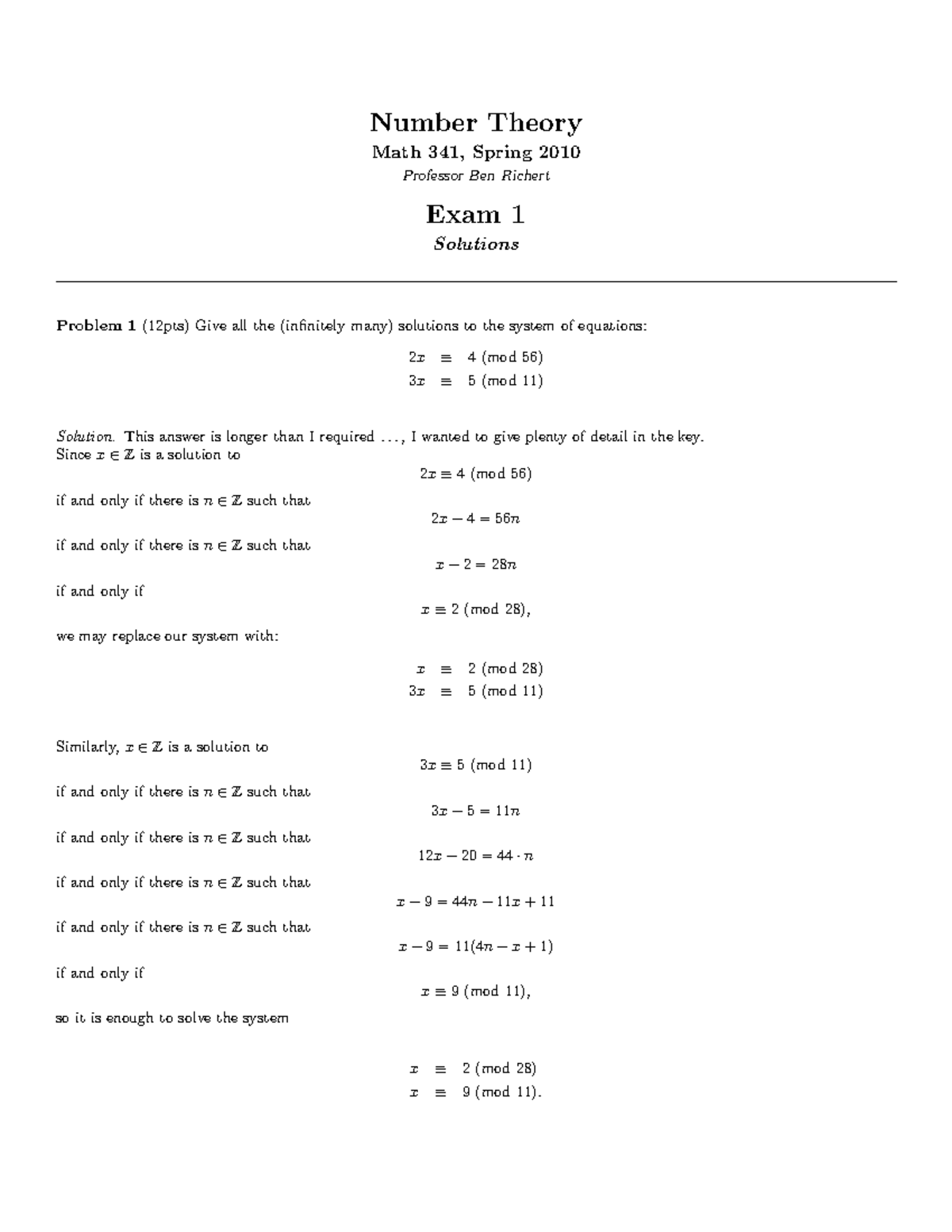 Exam1solutions - Exam - Number Theory Math 341, Spring 2010 Professor ...