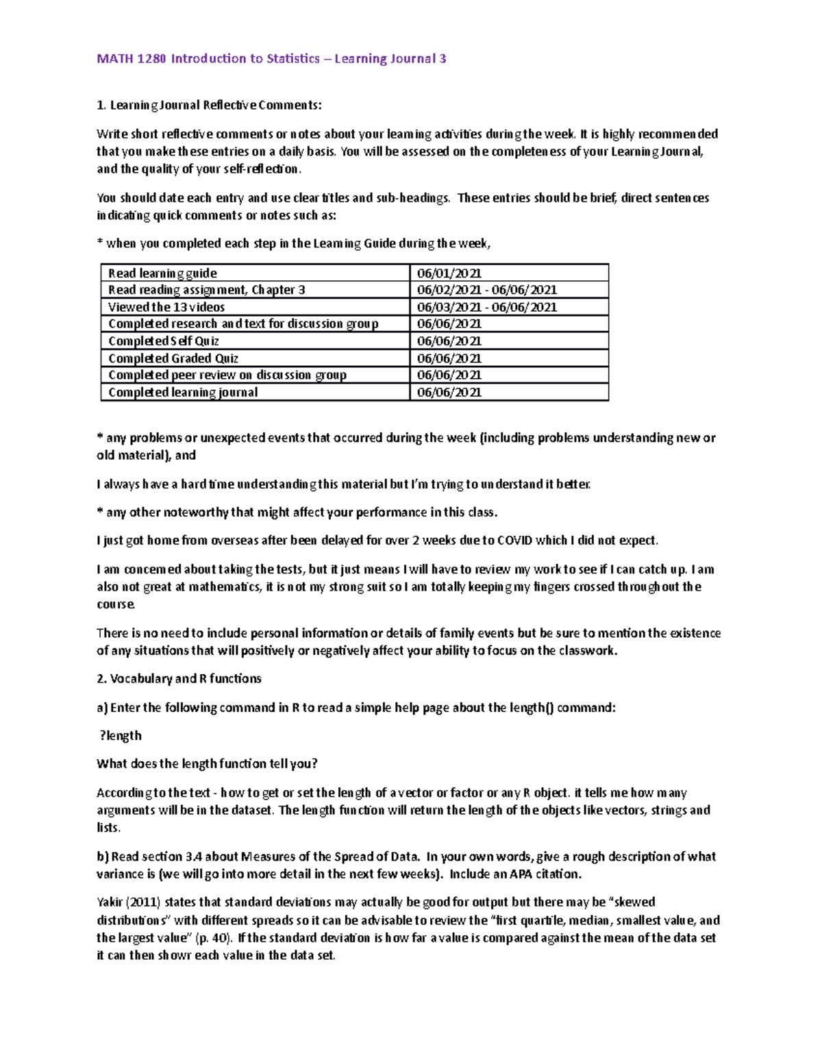 MATH 1280 - Learning Journal 3 - MATH 1280 Introduction to Statistics ...