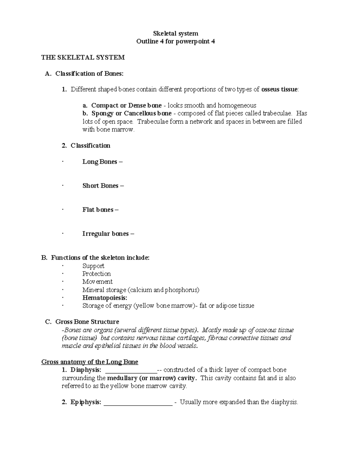 Outline Pwr Pt 4 - Skeletal System Outline 4 For Powerpoint 4 The 