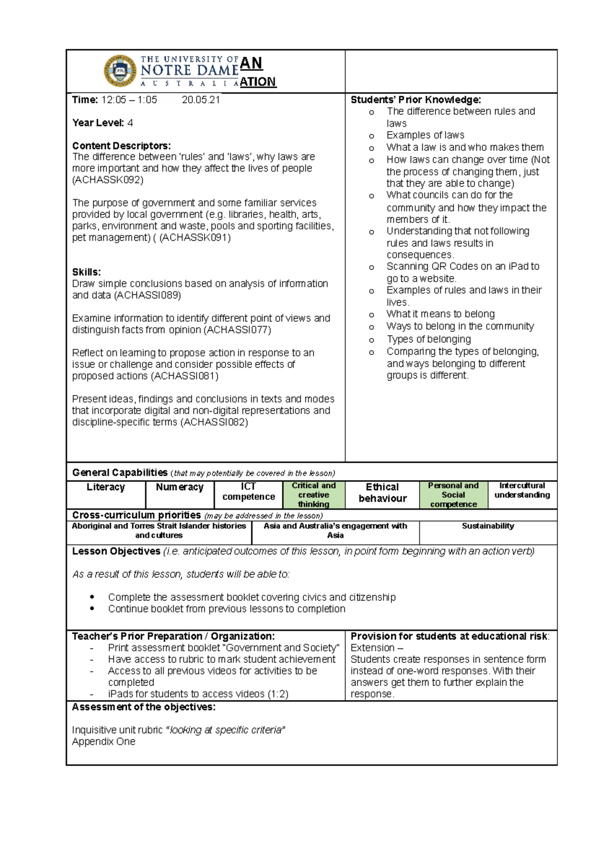 HASS Civics & Citizenship - Assessment - LESSON PLAN SCHOOL OF ...