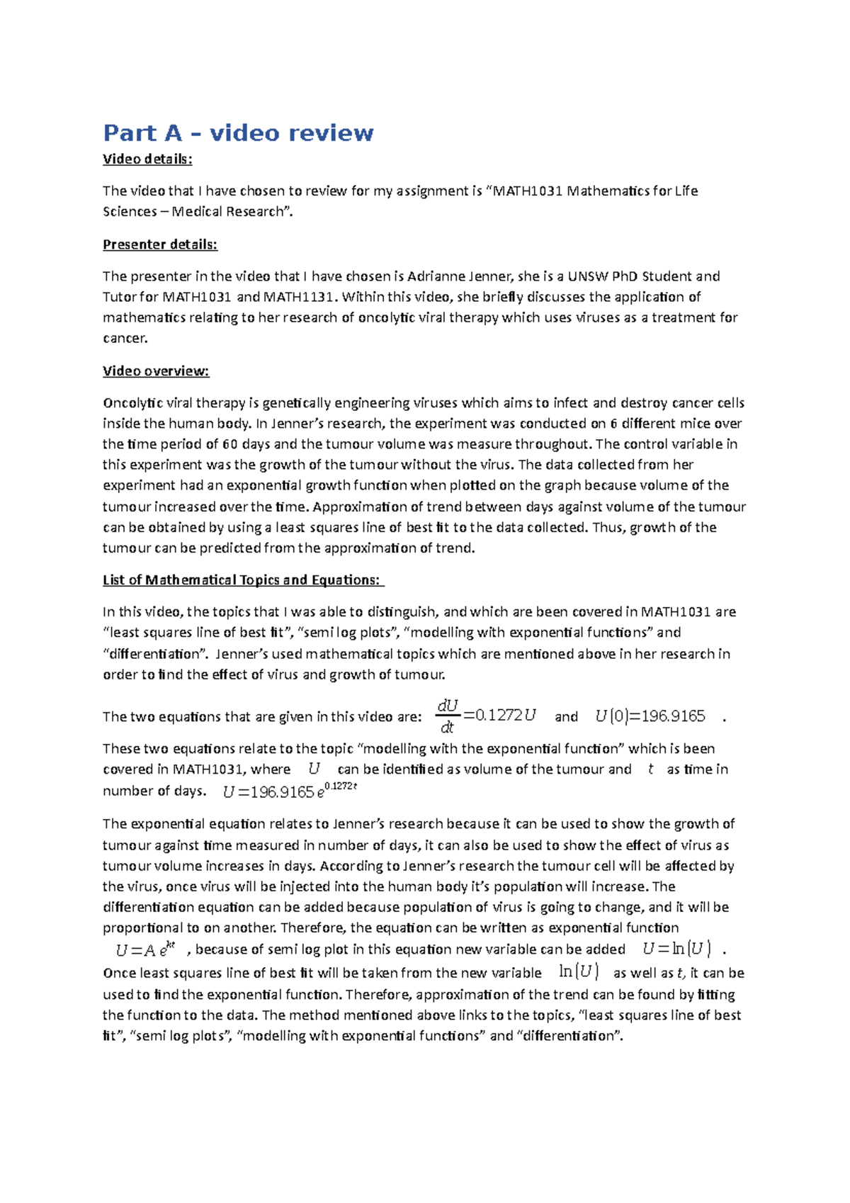 Part A- maths - assignment - Part A – video review Video details: The ...
