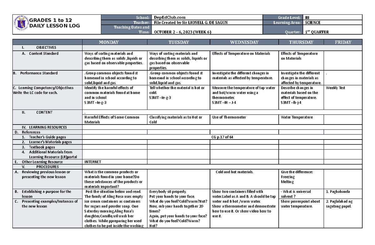 DLL Science 3 Q1 W6 - GUIDE FOR DAILY LESSON - GRADES 1 to 12 DAILY ...