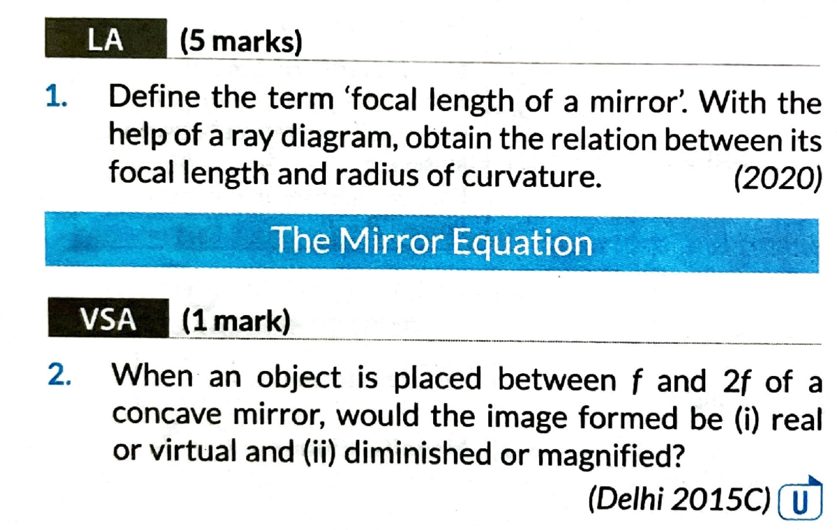 CH 9 (1) PYQS (5 marks) Define the term 'focal length of a mirror