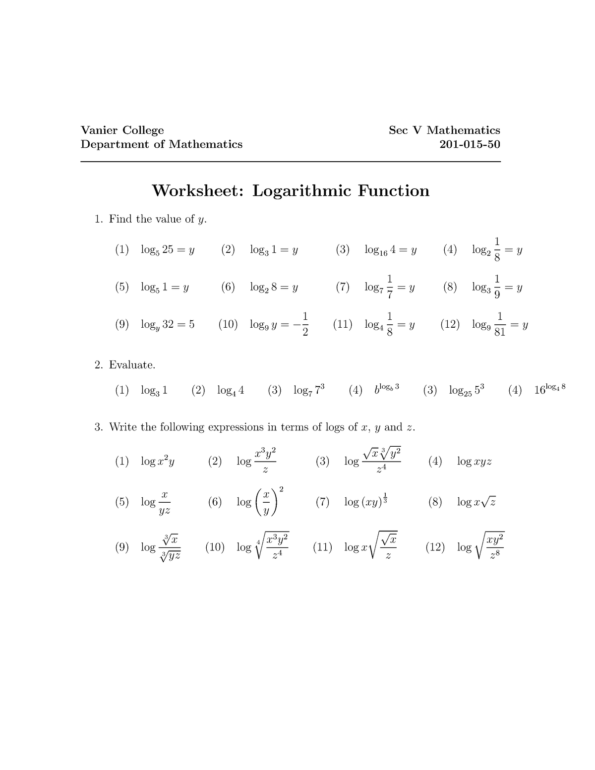 Exercises Logarithmic Function Vanier College Sec V Mathematics