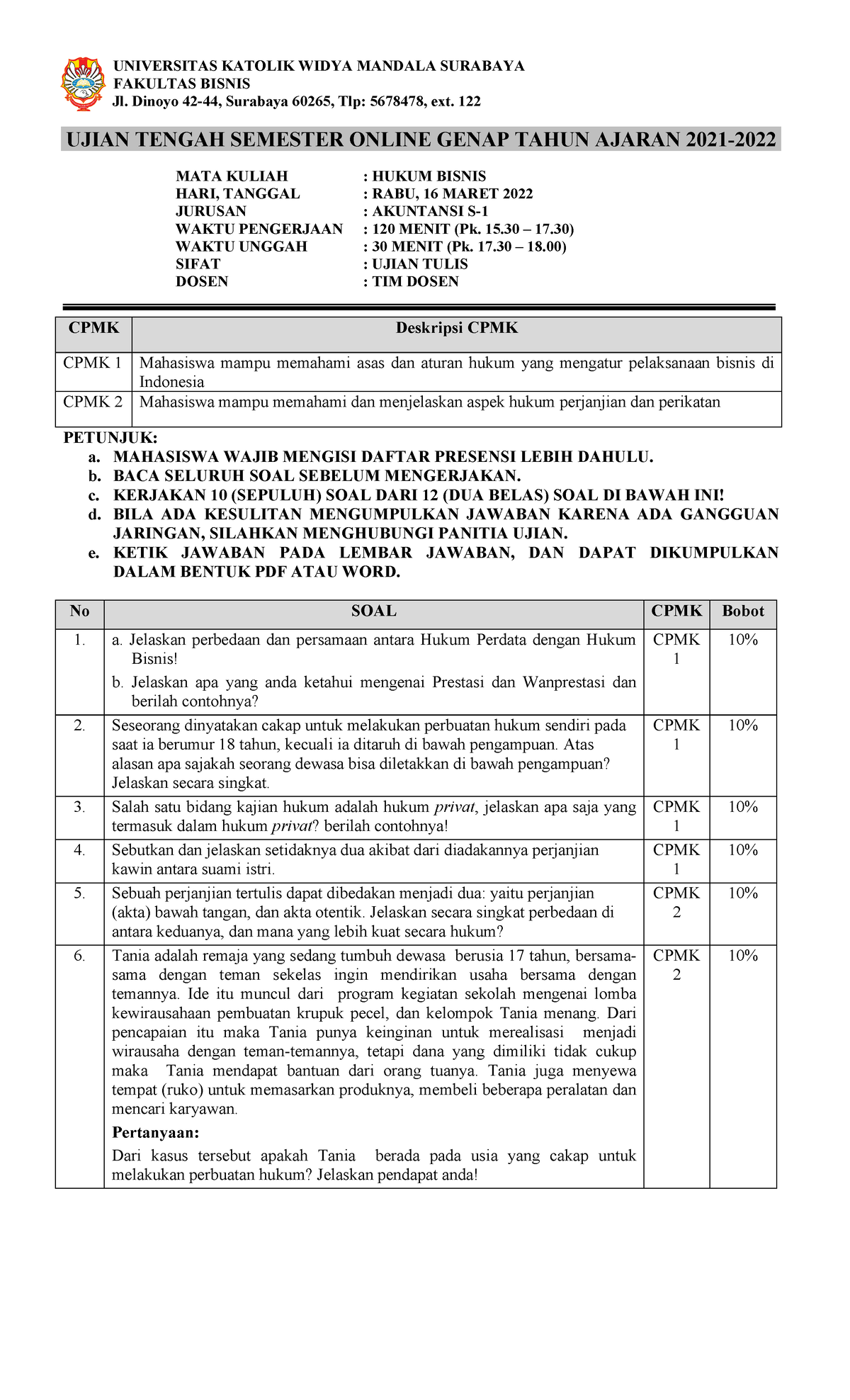 Soal UTS Hukum Bisnis Genap 2021-2022 - UNIVERSITAS KATOLIK WIDYA ...