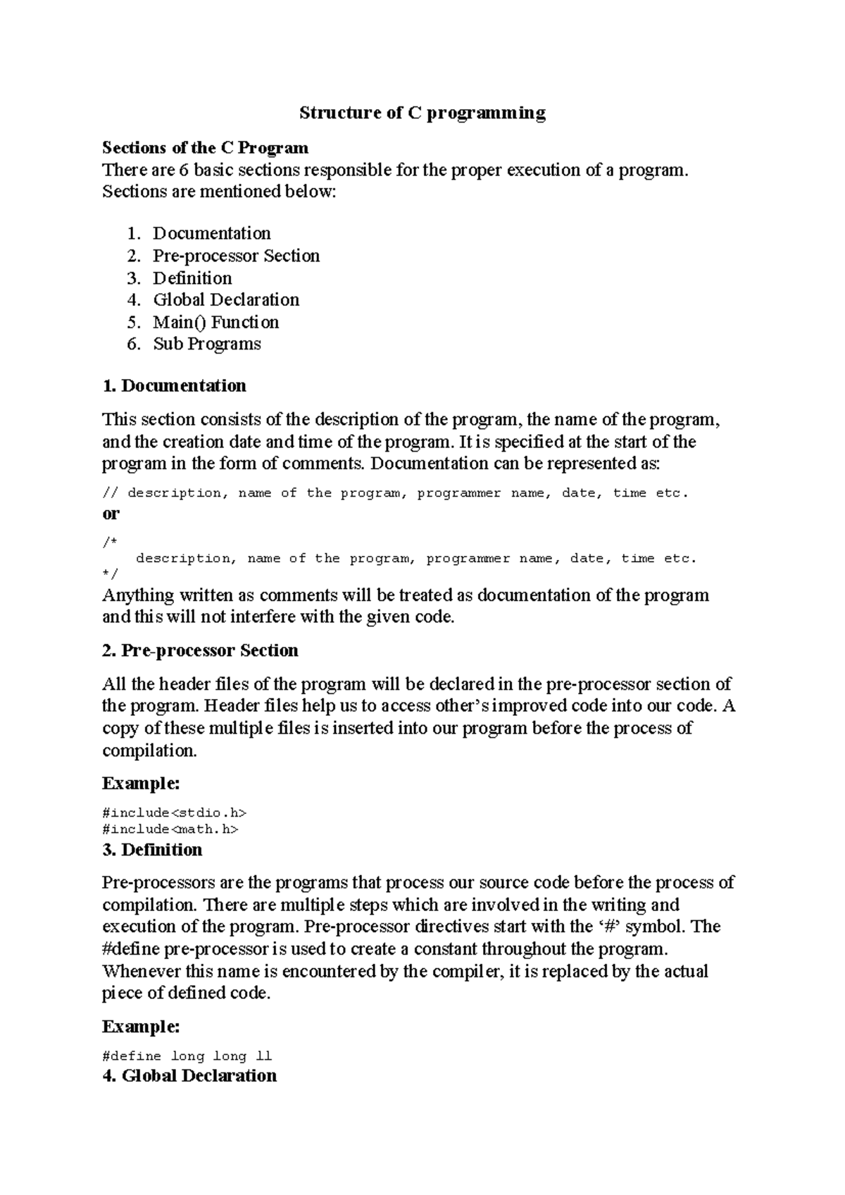 C programming - notes - Structure of C programming Sections of the C ...
