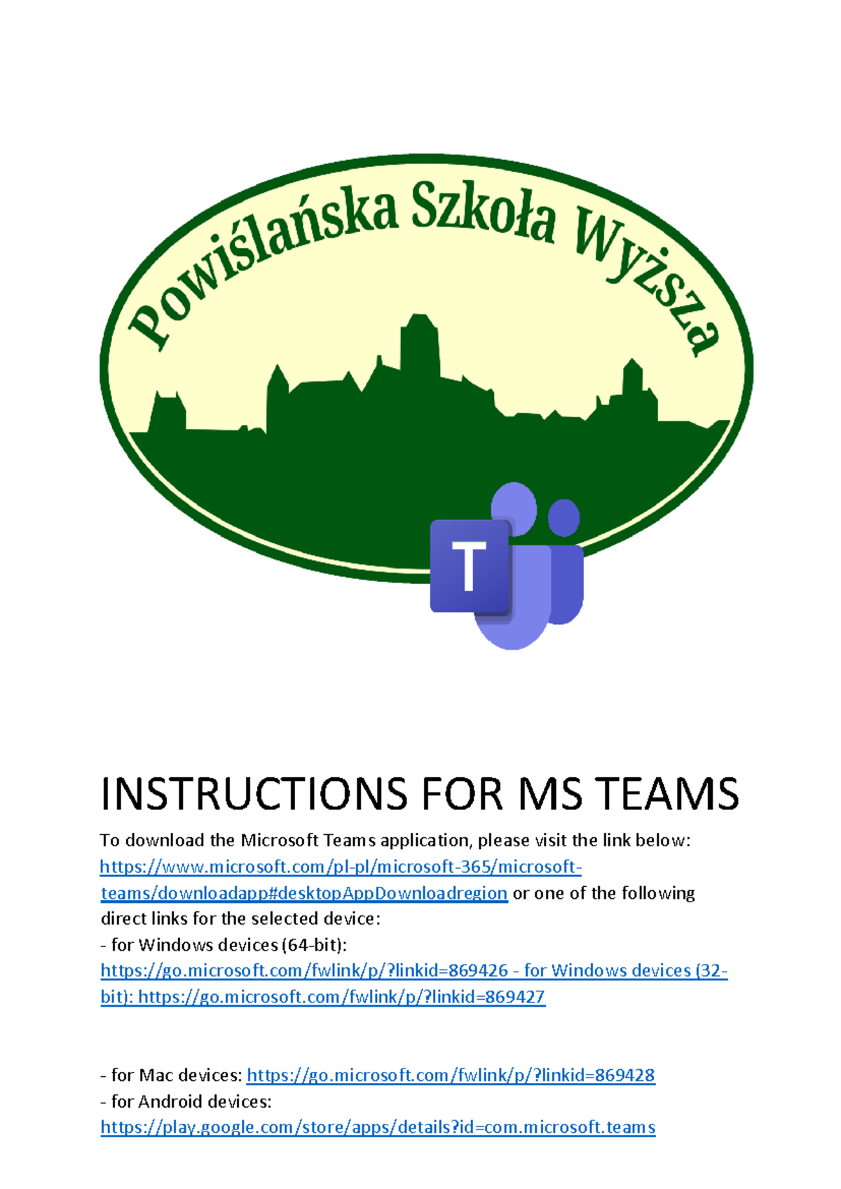 Instructions FOR MS Teams eng - INSTRUCTIONS FOR MS TEAMS To download ...
