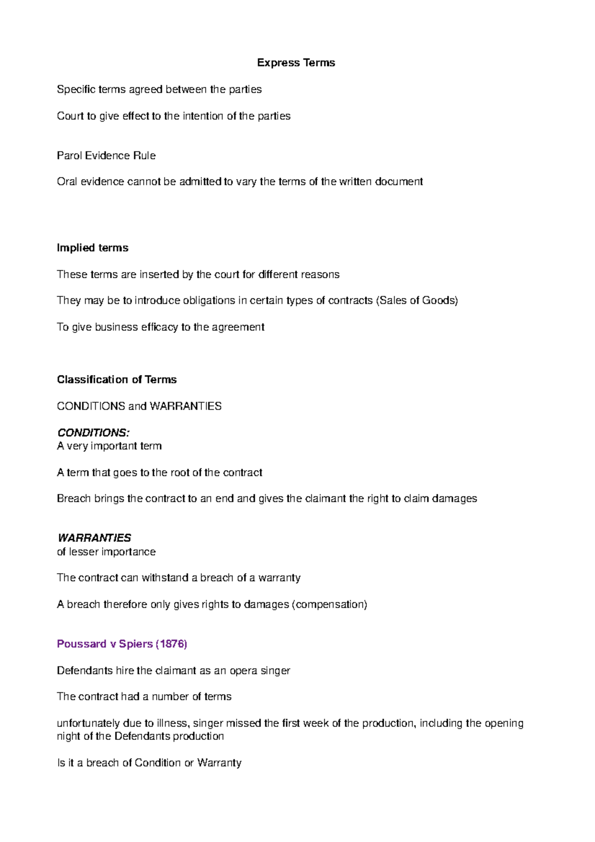 Contractual Terms - Lecture Notes 1 - Express Terms Specific Terms ...