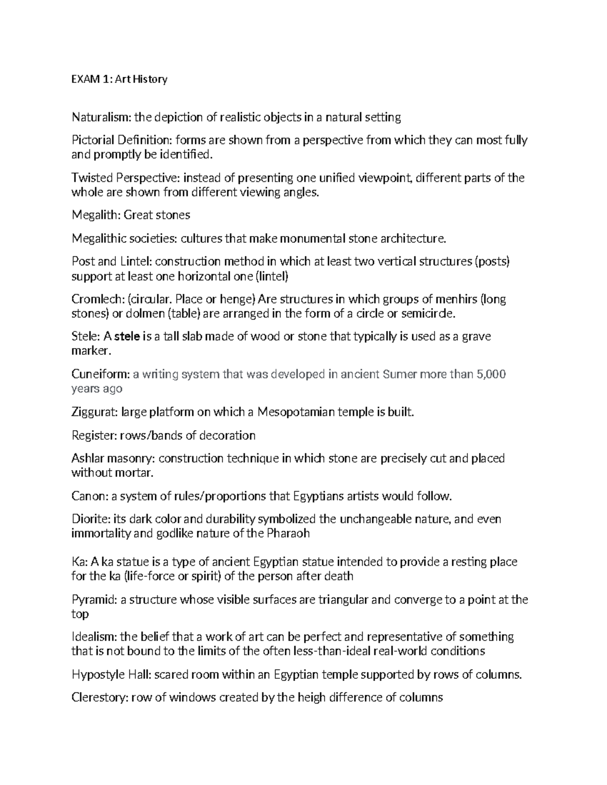 Art History Exam 1 Review Sheet EXAM 1 Art History Naturalism the