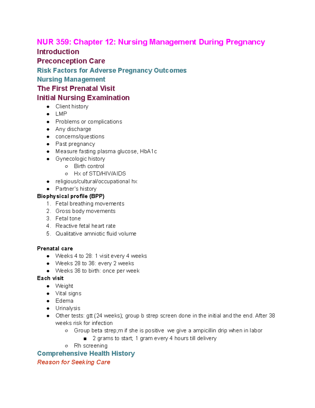 NUR 359 Ch12 Nursing Management During Pregnancy NUR 359 Chapter 12