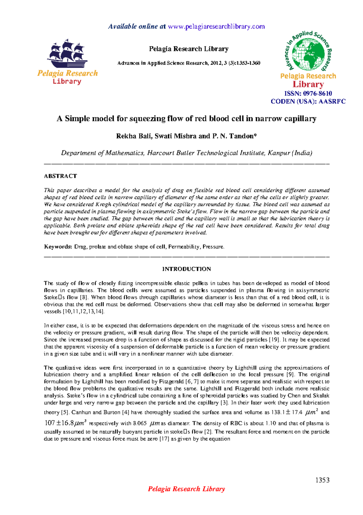 A simple model for squeezing flow of red blood cell in narrow capillary ...