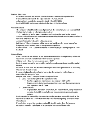 Tax Chapter 11 Notes - CHAPTER 10 Realized Gain / Loss: - Difference ...