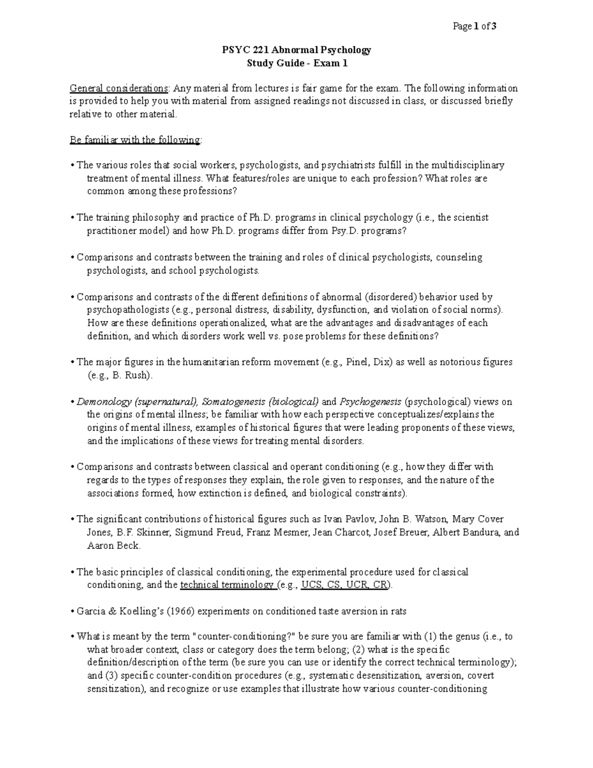221 Study Guide Exam 1 (F21) - Page 1 of 3 PSYC 221 Abnormal Psychology ...
