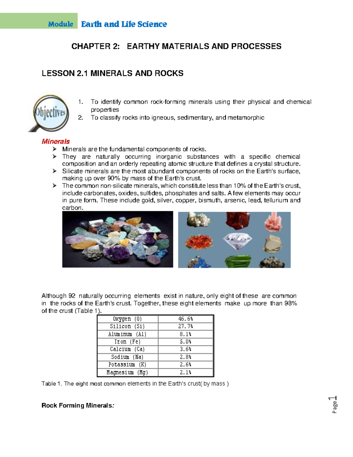 Chapter 2 Minerals AND Rocks - 1 CHAPTER 2: EARTHY MATERIALS AND ...