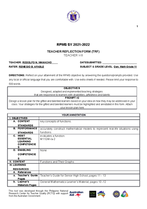 Lesson Plan for TRF Objective 10 Prompt 2 - 1 RPMS SY 2021- TEACHER ...