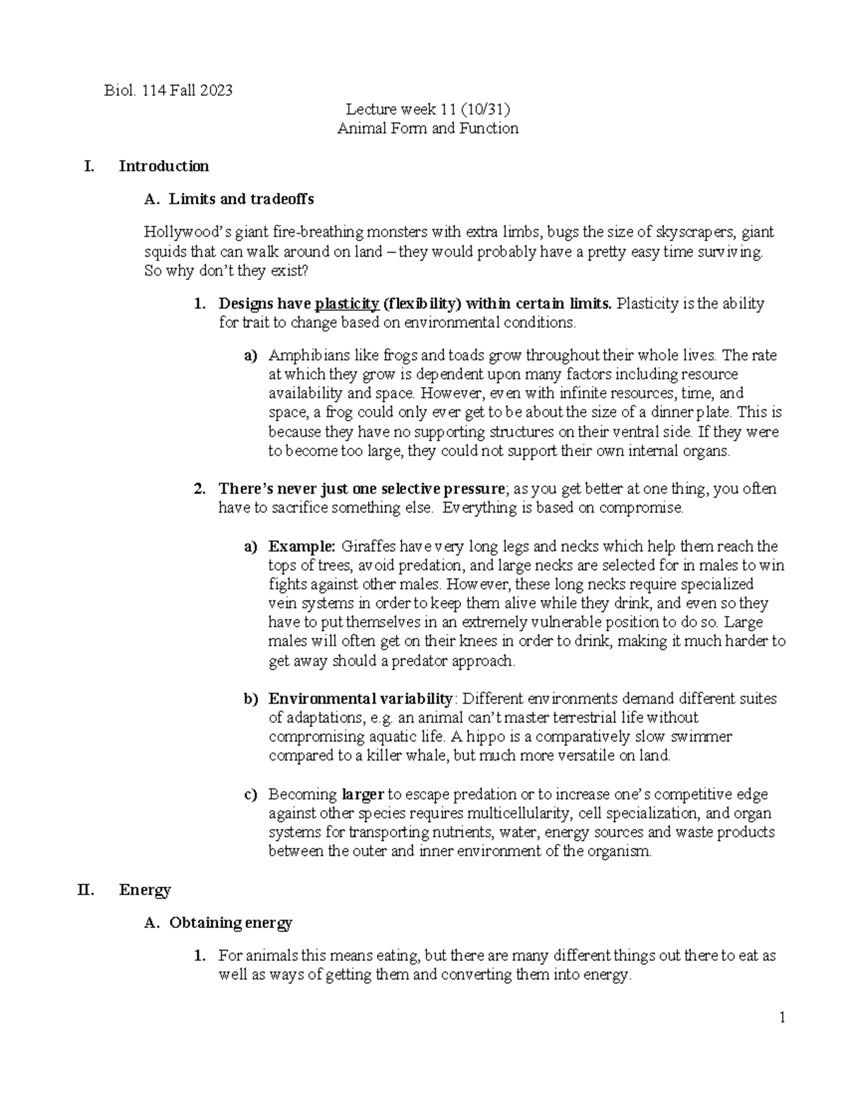 Lecture week11 (10-31) - Notes Animal Form and Function 2 - Biol. 114 ...